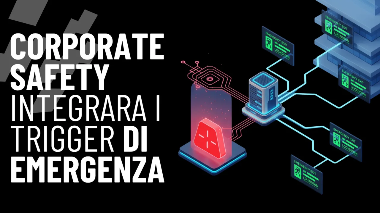 Schema della sicurezza aziendale con trigger di emergenza collegati al digital signage