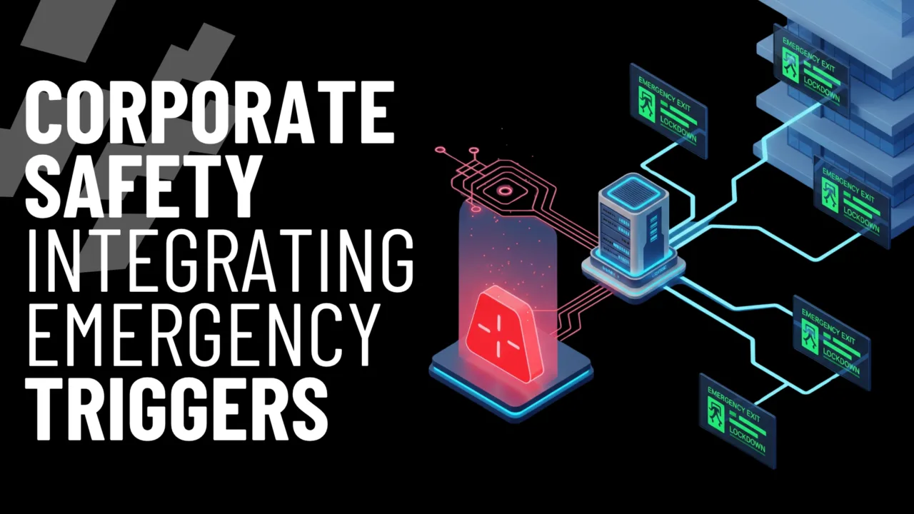 Corporate safety diagram linking emergency triggers to digital signage