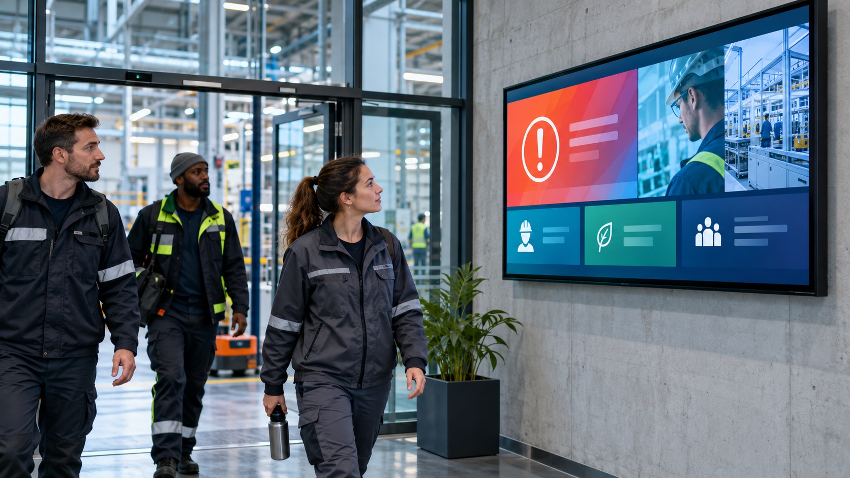 Les travailleurs passent un tableau d'affichage des RH à l'entrée d'une usine de fabrication