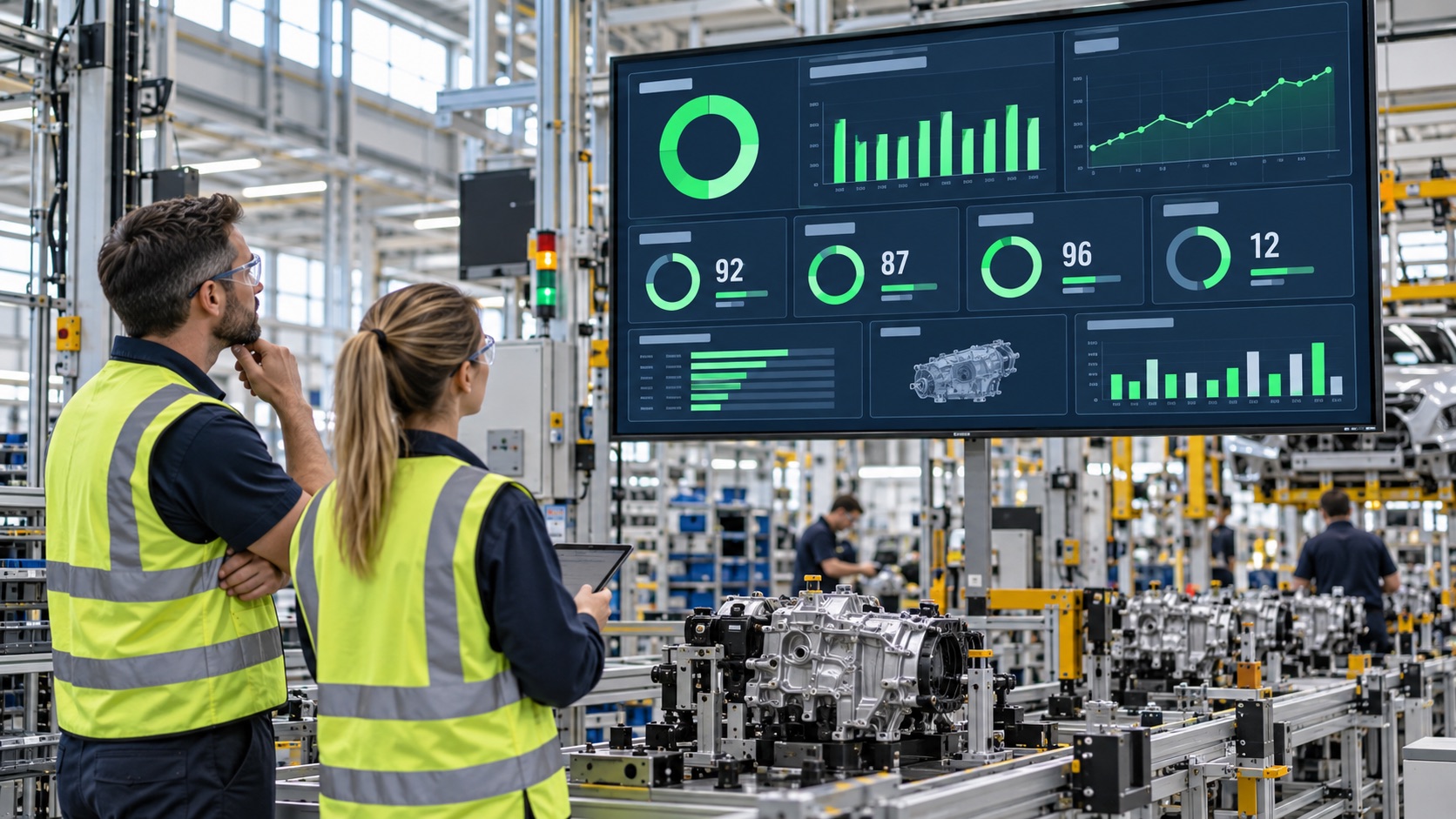 L'équipe de l'usine examine un affichage KPI de production en direct à côté d'une chaîne de montage