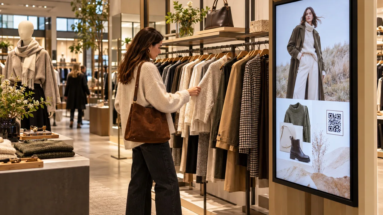 Boutique de mode avec une cliente près d’un écran de campagne vertical