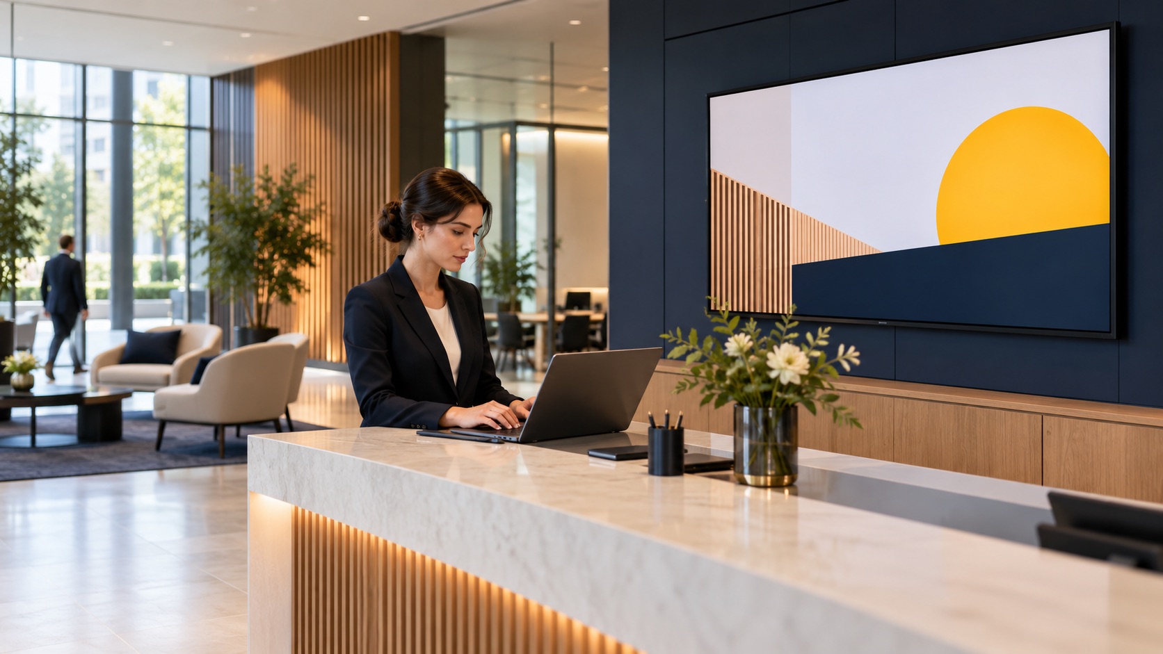 Visiteur arrivant à une réception de bureau contemporaine avec un affichage de bienvenue numérique