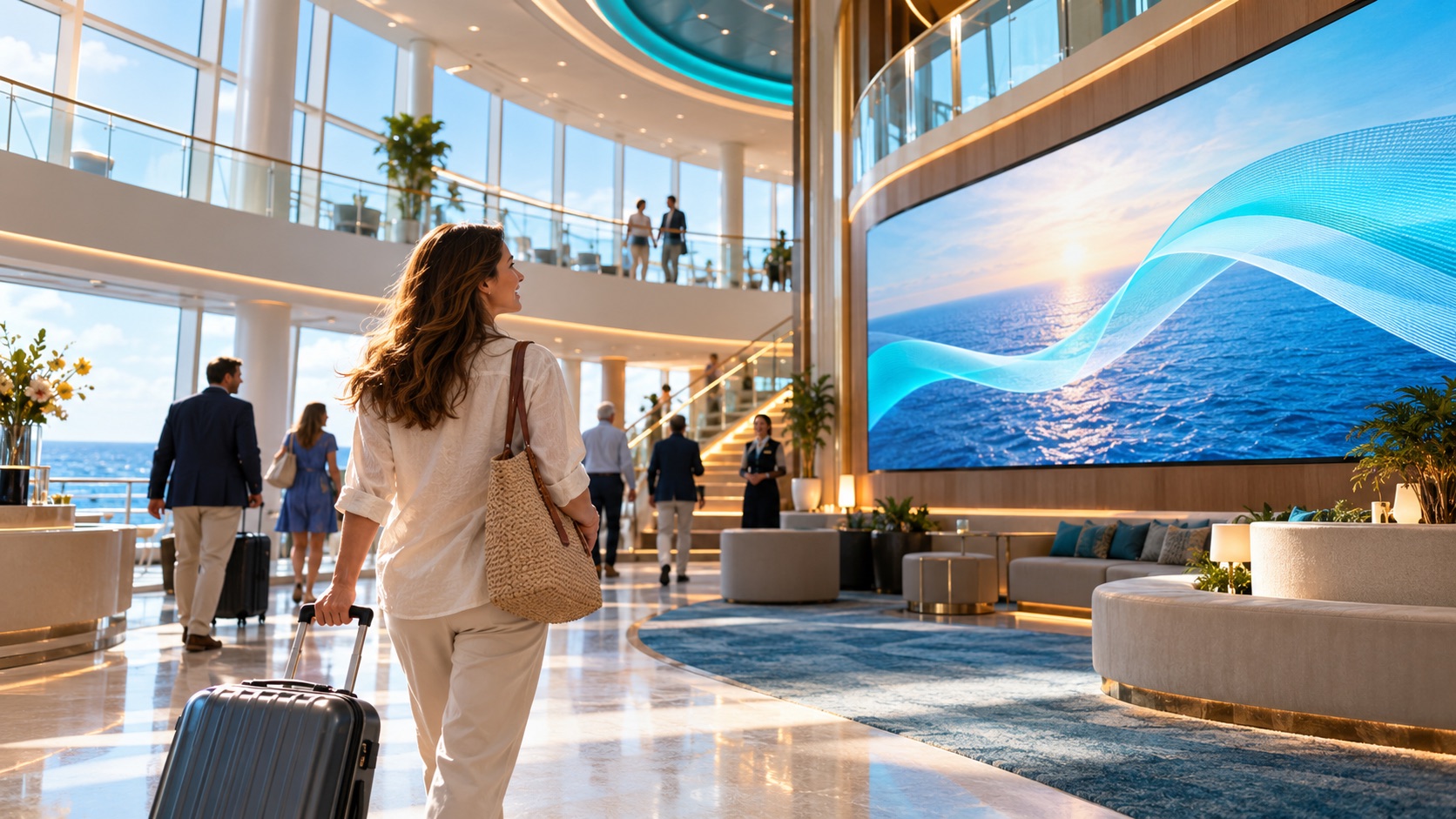Invité entrant dans l'atrium d'un bateau de croisière avec un affichage de bienvenue numérique