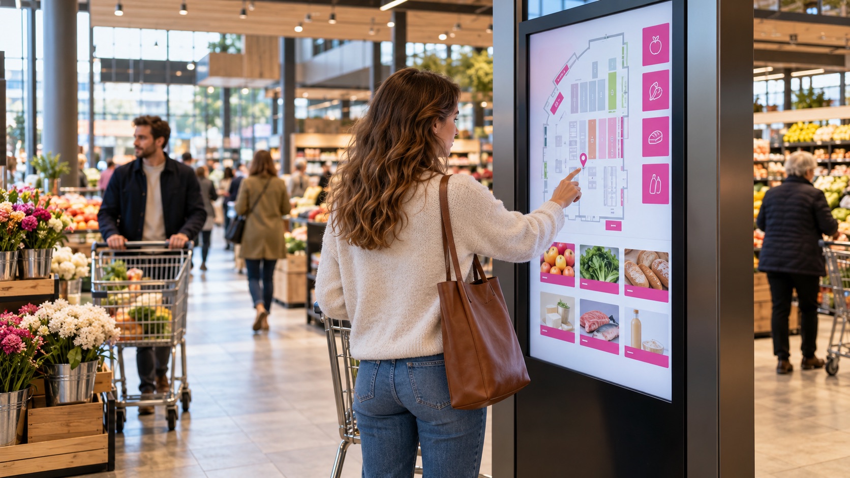 Acheteur consultant un guide de magasin numérique dans un supermarché