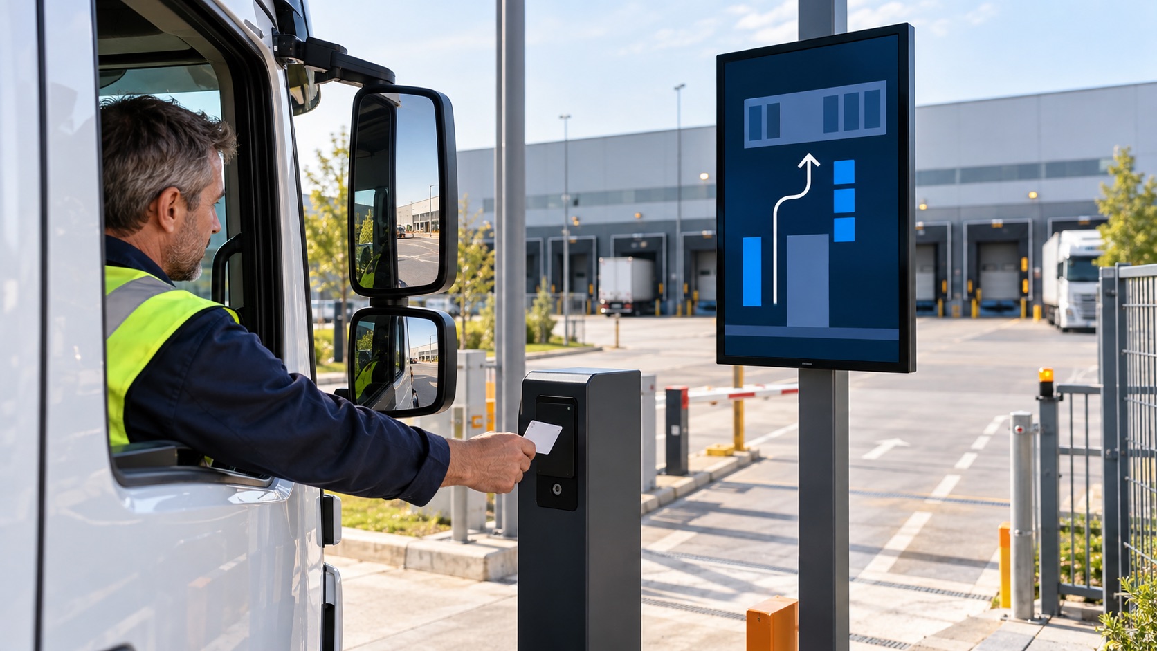 Chauffeur de camion utilisant un affichage d'enregistrement numérique dans un centre logistique