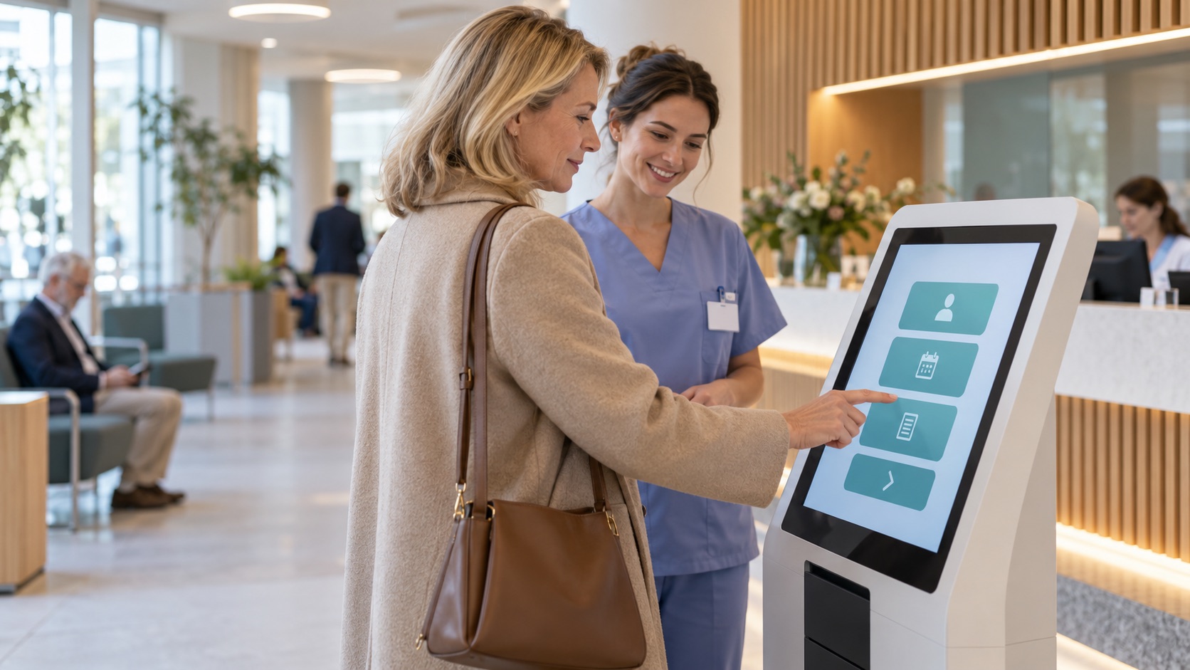 Patient qui s'enregistre à un kiosque de réception de soins de santé
