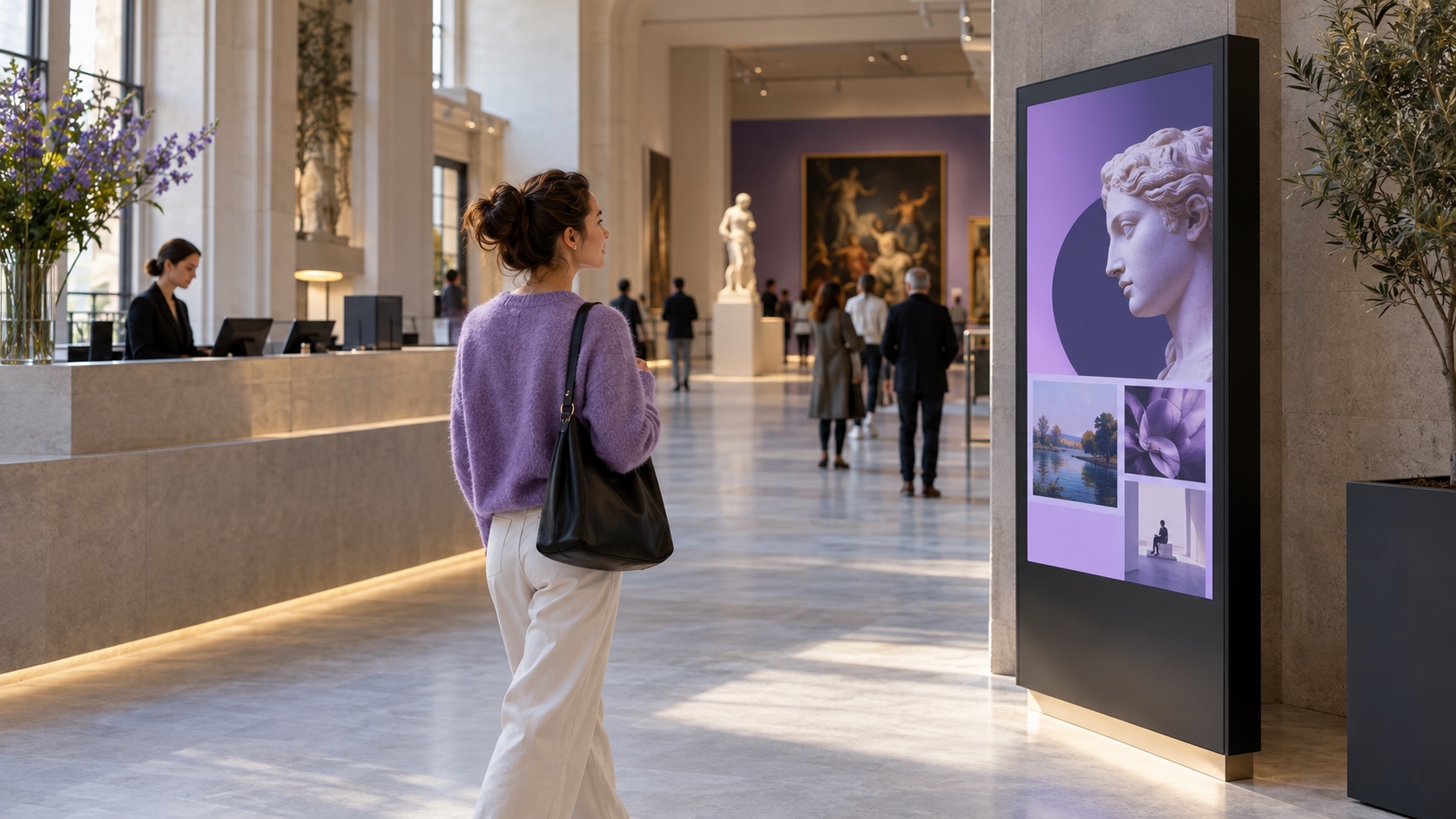 Les visiteurs planifient un itinéraire à l'entrée d'un musée